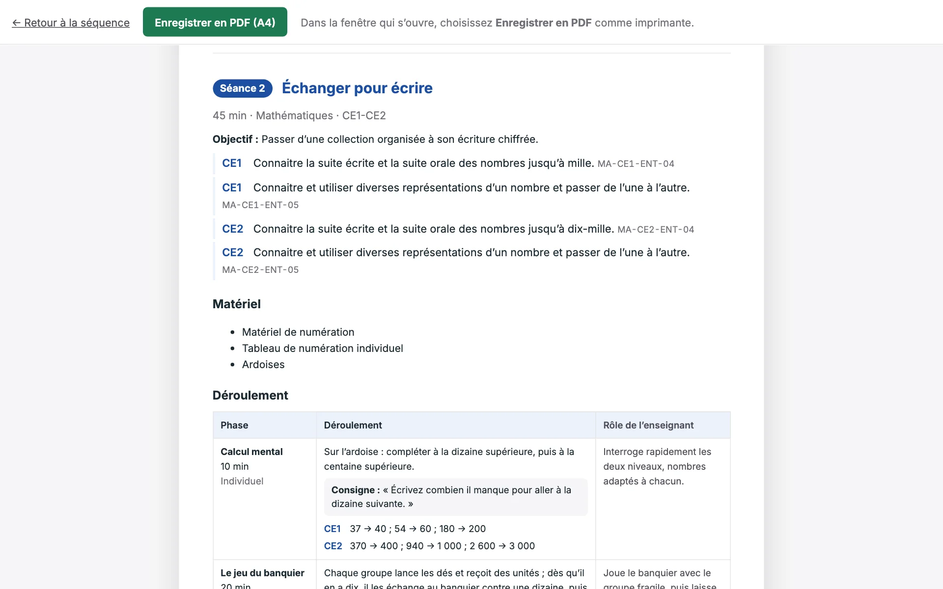 La version A4 d’une séance, prête à enregistrer en PDF (données de démonstration).