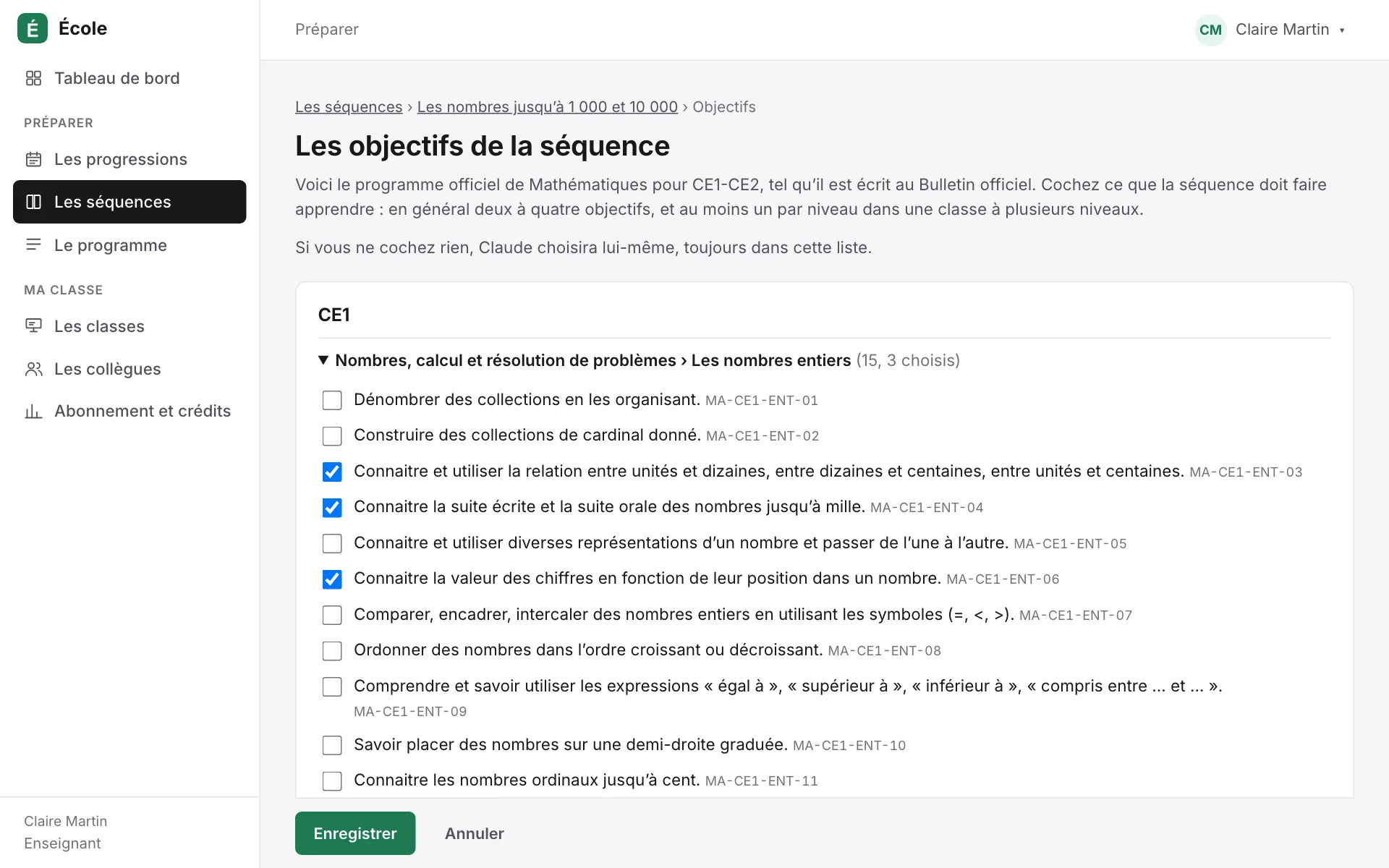 Le programme officiel de mathématiques CE1, partie « Les nombres entiers », avec trois objectifs cochés pour la séquence (données de démonstration).