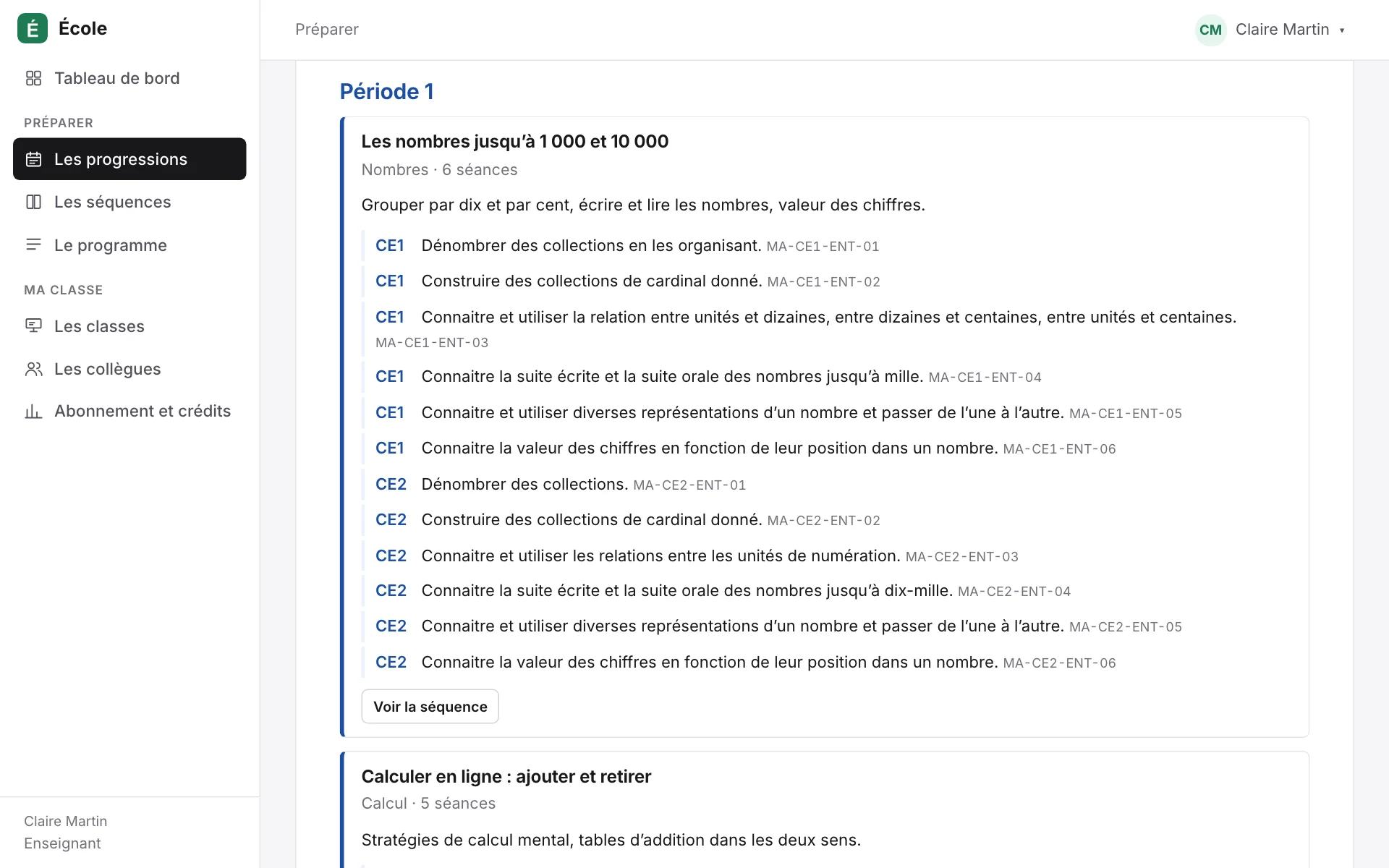 La période 1 d’une progression de mathématiques CE1-CE2 : chaque séquence avec ses objectifs du programme, niveau par niveau, et le bouton pour la préparer (données de démonstration).