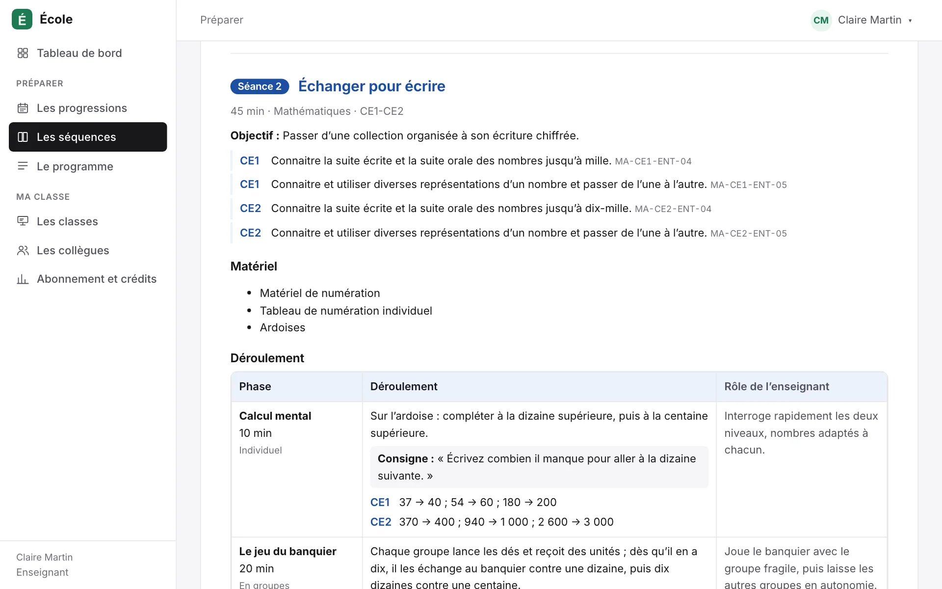 Une séance de la séquence « Les nombres jusqu’à 1 000 et 10 000 » pour une classe de CE1-CE2 : objectif, objectifs du programme cités avec leur code, matériel, et déroulé minuté où chaque phase dit ce que font les CE1 et les CE2 (données de démonstration).