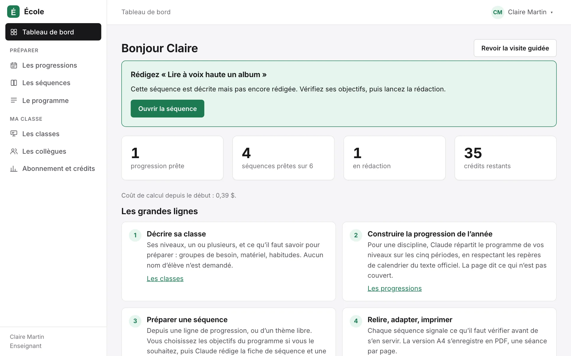 Le tableau de bord de Claire, enseignante en CE1-CE2 : la prochaine action proposée, ses progressions et séquences prêtes, ses crédits (données de démonstration).
